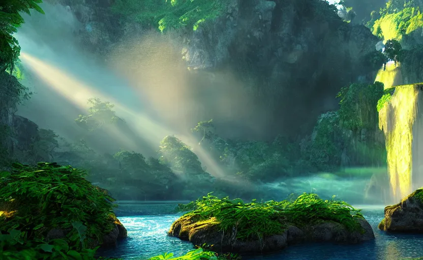 Image similar to a beautiful and stunning professional digital artwork of a humongous gold cave, haze, waterfall, volumetric lighting, hyperrealistic, green, blue, sunset, unreal engine 5, ultra detail