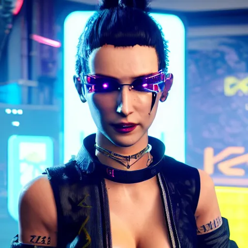 Image similar to female V from Cyberpunk 2077 wearing spiked choker, collar, choker, punk, collar, 4K