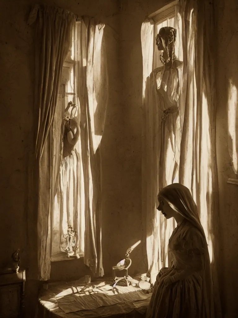 Image similar to old photography of a beautiful automaton girl in a victorian room, small windows, antiquities, ray of light, man ray, alfred ghisoland, gregory crewdson, 4 k,