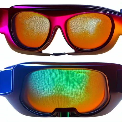 Prompt: award winning product photography, full shot, 3 5 mm lens, of a holographic orange metallic and blue metallic shiny ergonomic augmented reality glasses like hololens as off bertone mantide ( 2 0 0 9 ), holographic display lenses, studio lighting,