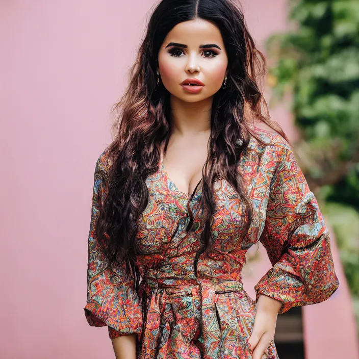 Prompt: portrait of Demi Rose in Jakarta wearing batik and kemben, by Charlotte Grimm, natural light, detailed face, CANON Eos C300, ƒ1.8, 35mm, 8K, medium-format print