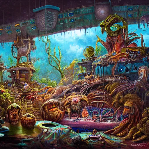 Image similar to the swimming pool of terror, on ancient post - apocalyptic planet, jim henson creature shop, vivid and colorful, thomas kincaid, cinematic, oil painting, highly detailed, illustration