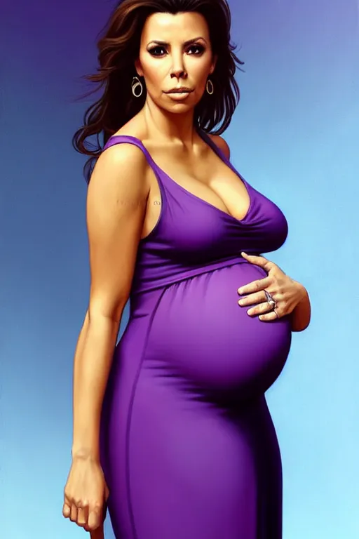 Image similar to pregnant eva longoria in a purple dress, realistic portrait, symmetrical, highly detailed, digital painting, artstation, concept art, smooth, sharp focus, illustration, cinematic lighting, art by artgerm and greg rutkowski and alphonse mucha