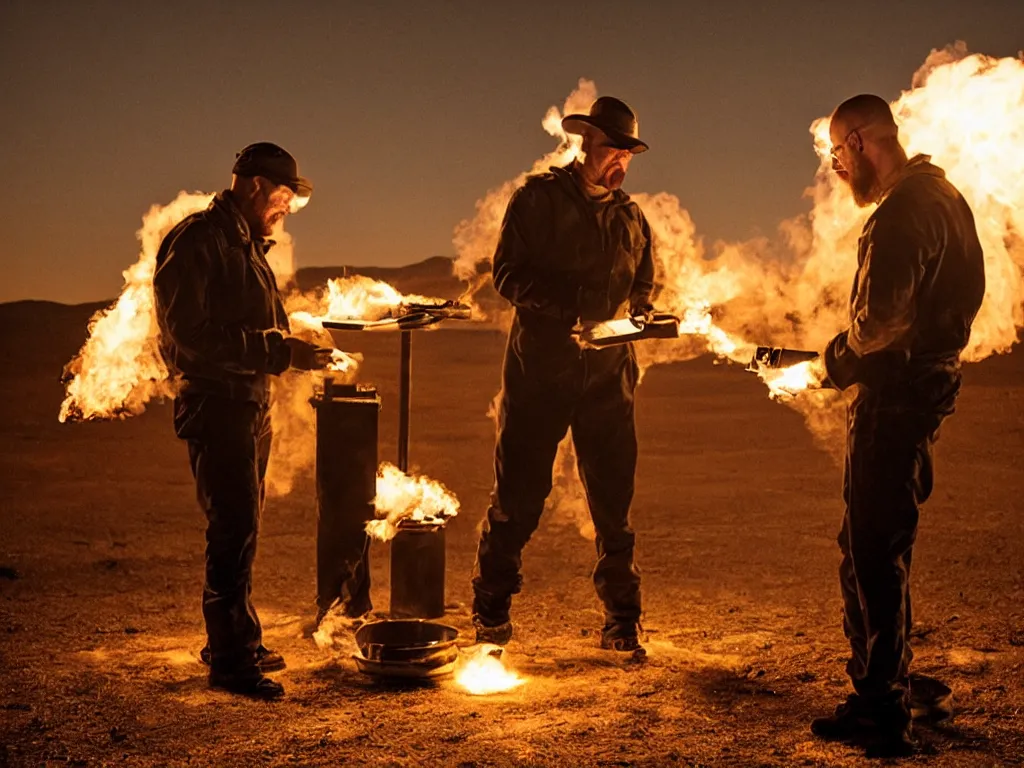 Prompt: walter white and jesse pinkman making pizza with a blowtorch in the desert, dramatic lighting, still from breaking bad