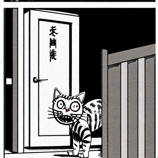 Image similar to illustration of a cat meowing in front of a door. creepy horror. manga art by Junji Ito.