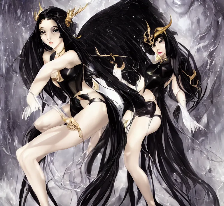 Prompt: An impeccable beauty, Albedo is a woman with lustrous jet-black hair and the face of a goddess. She has golden irises and vertically split pupils; on her left and right temples are two thick horns protruding crookedly, and on her waist are a pair of black angel wings. Albedo wears a pure white dress with silky gloves covering her slender hands and a golden spiderweb necklace that covers her shoulders and chest. In combat, she wears an impressive black full plate armor with a unique helmet and carries a battle-axe with her. Octane Render, Photorealistic Render, Hyper realistic, Noir