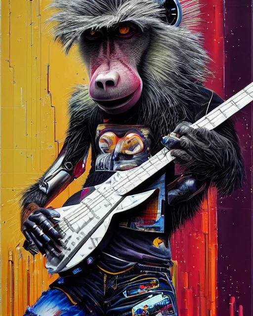 Image similar to a portrait of an anthropomorphic cyberpunk baboon shredding an electric guitar by sandra chevrier, by jon foster, detailed render, tape deck, epic composition, cybernetics, 4 k realistic, cryengine, realistic shaded lighting, sharp focus, masterpiece, by enki bilal