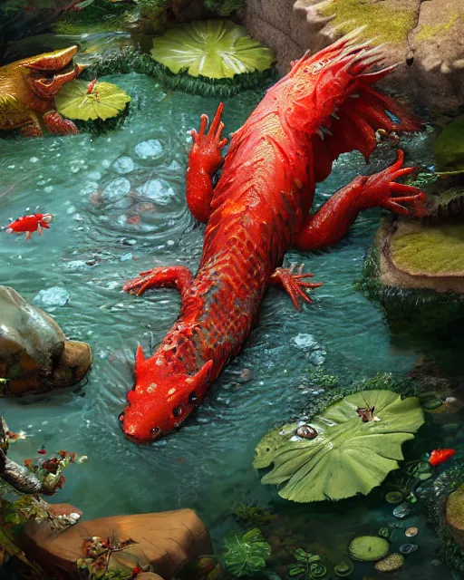 Prompt: game character beautiful pond dragon half fish half salamander, wet amphibious skin, red salamander, axolotl creature, koi pond, korean village by Ruan Jia and Gil Elvgren, fullbody