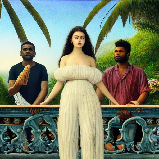 Prompt: a ultradetailed beautiful painting of lorde, frank ocean, the weeknd and lana del rey standing in front of the diamonds waterfall in the amazonas palace balustrade designed by jules bastien - lepage, tarsila do amaral, frank weston and gustave baumann, beach, trending on artstation, mediterranean, palm trees, sharp focus, soft light, 8 k 4 k