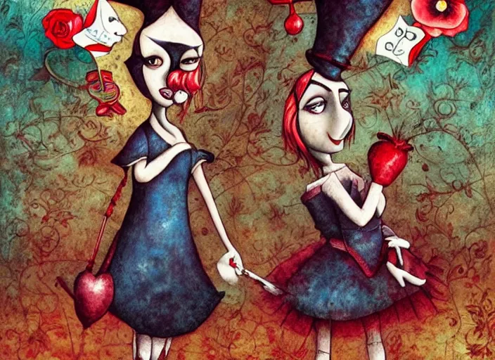 Image similar to alice joins a game of croquet with the queen of hearts, dramatic, art style megan duncanson and benjamin lacombe, super details, dark dull colors, ornate background, mysterious, eerie, sinister