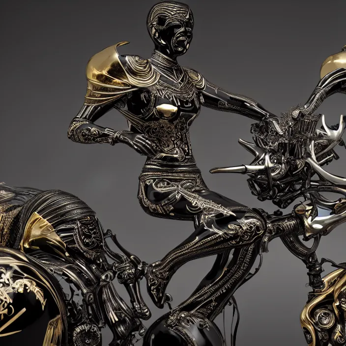 Image similar to fine art statue of black egyptian man on a surrealist motorbike motorcycle, ebony art deco, carved black marble, inlaid with ebony and gold accents, ebony rococo, wings black lace wear, spider zero, zaha hadid, beautifully lit, hyper detailed, octane render, intricate, elite, ornate, photorealistic, micro details, 3 d sculpture, ray trace