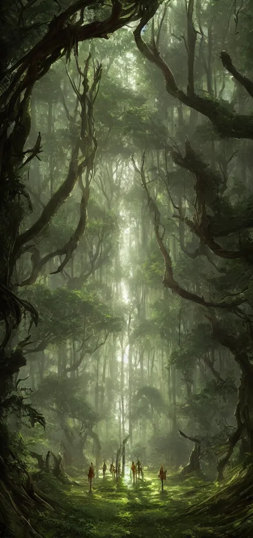 Image similar to A sacred grove, lush trees, a fantasy digital painting by Greg Rutkowski and James Gurney, trending on Artstation, highly detailed