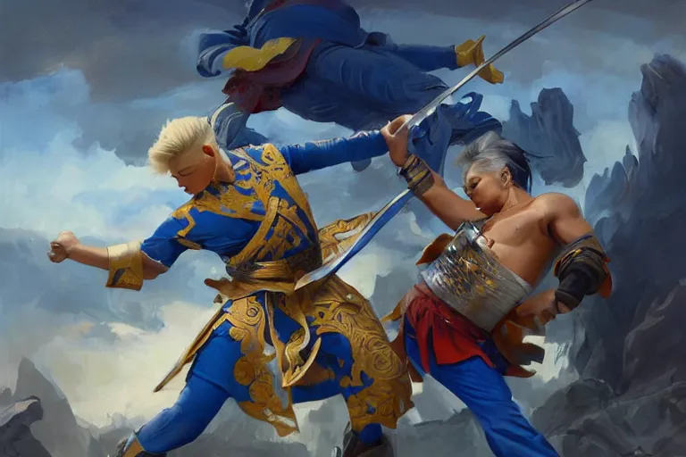 Image similar to a filipino man with a sword charging at a blond man in a blue suit with a sword, organic painting, sunny day, matte painting, bold shapes, hard edges, street art, trending on artstation, by huang guangjian, gil elvgren, ruan jia, randy vargas, greg rutkowski