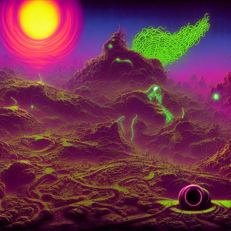 Image similar to aggrgoth styled, strange mysterious creatures, infinite quantum portal, synthwave, bright neon colors, highly detailed, cinematic, panoramic, tim white, michael whelan, roger dean, bob eggleton, chris foss, vladimir kush, kubrick, kimura, isono