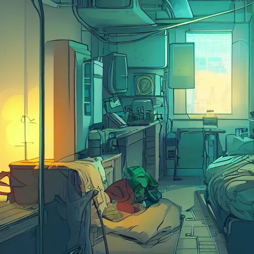 Image similar to cozy cyberpunk apartment room at night, cozy lighting, josan gonzalez