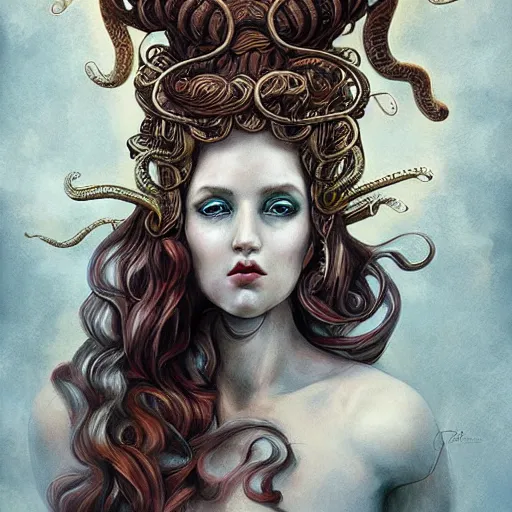 Image similar to realistic mythological greek medusa, snakes on the head, by anna dittmann