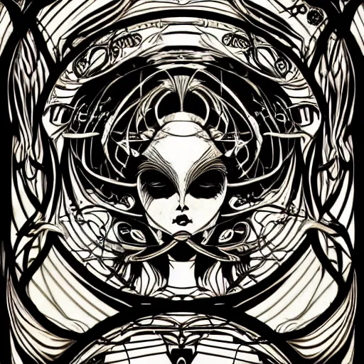 Image similar to a circular vector tattoo design in an art nouveau style, and in the style of h. r. giger.