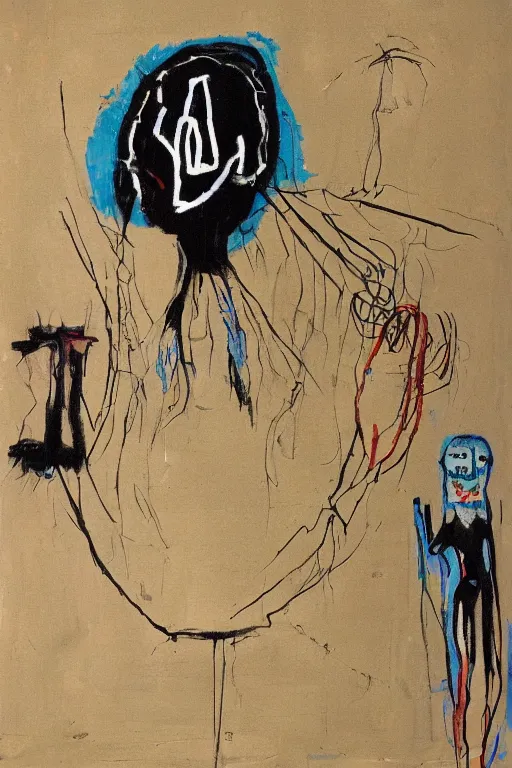 Image similar to a woman inside of an empty light bulb. the woman has wings. by basquiat