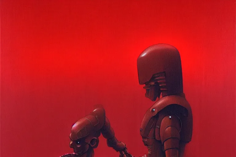 Image similar to only with red, a red cyborg samurai, tokio futuristic in background, some evil yokai, in the style of beksinski, parts by edward hopper, parts by rodcenko, parts by yue minjun, intricate and epic composition, red by caravaggio, insanely quality, highly detailed, masterpiece, red light, artstation, 4 k