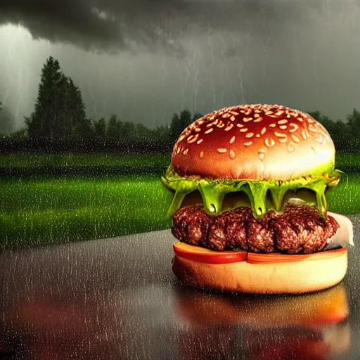 Image similar to a demonic burger, oil painting, thunderstorm, raindrops, cinematic, unreal engine