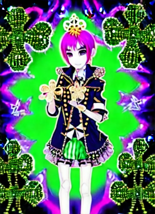 Image similar to baroque bedazzled gothic royalty frames surrounding a hologram of decora styled green haired yotsuba koiwai wearing a gothic spiked jacket, background full of lucky clovers, crosses, and shinning stars, holography, irridescent