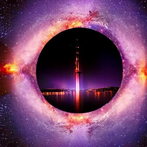 Prompt: Twin Towers between towers is a distant Golden Gate Bridge, glowing black hole in the night sky in front of the Milky Way, red-hooded magicians casting purple colored spells towards the towers, white glowing souls flying out of the towers to the black hole in the style of The Lord of the Rings