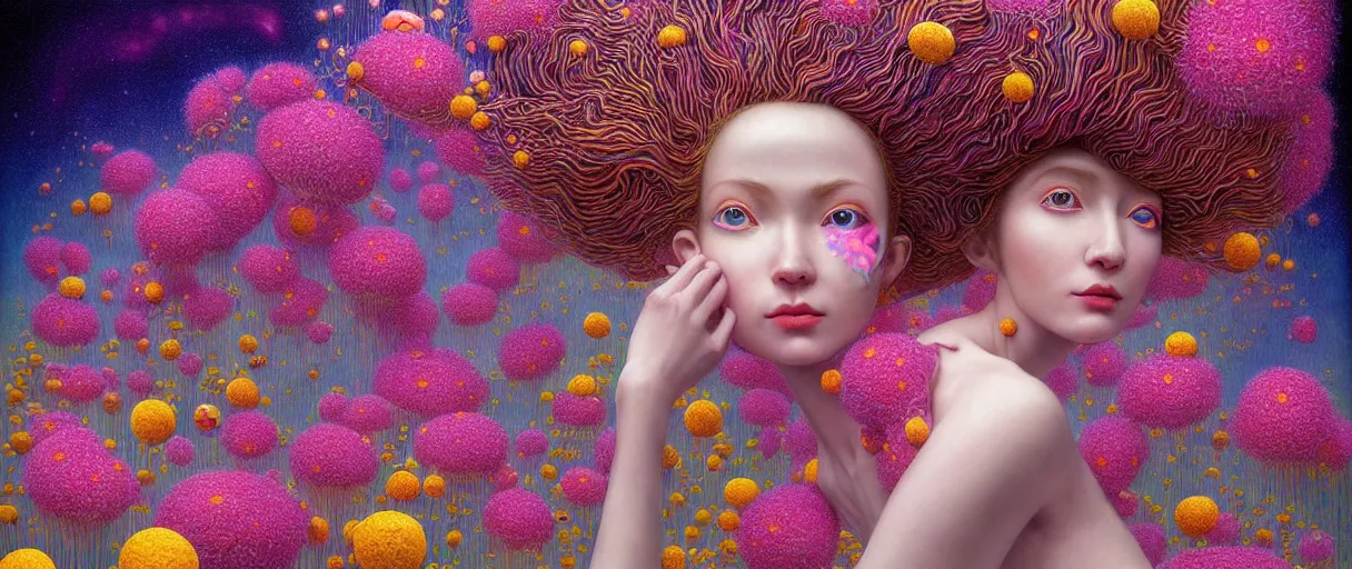 Prompt: hyper detailed 3d render like a Oil painting - kawaii portrait Aurora (electric haired selkie fae) seen Eating of the Strangling network of yellowcake aerochrome and milky Fruit and Her delicate Hands hold of gossamer polyp blossoms bring iridescent fungal flowers whose spores black the foolish stars by Jacek Yerka, Mariusz Lewandowski, Houdini algorithmic generative render, Abstract brush strokes, Masterpiece, Edward Hopper and James Gilleard, Zdzislaw Beksinski, Mark Ryden, Wolfgang Lettl, hints of Yayoi Kasuma, octane render, 8k