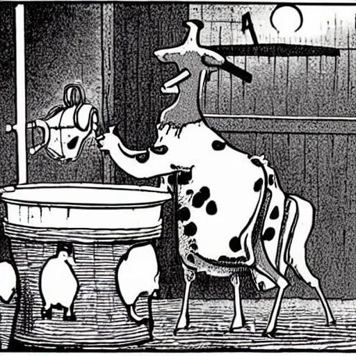 Prompt: a cow points at a bucket, illustrated by gary larson, far side comic, b & w