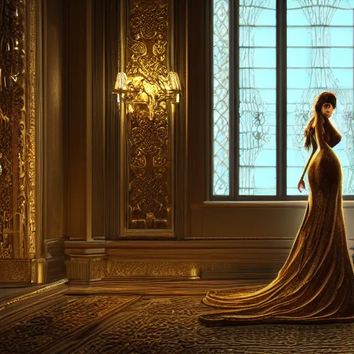 Prompt: an incredibly beautiful and elegant woman covered in intricate gold leaf detail in a gothic hotel room with soft indirect lighting, an ultrafine detailed illustration by victoria frances, final fantasy, cinematic colors, behance contest winner, unreal engine 5 highly rendered, global illumination, radiant light, detailed and intricate environment, matte painting, artstation