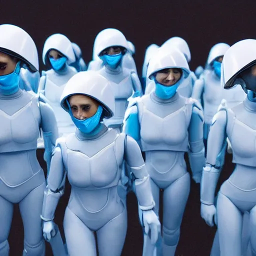 Image similar to troop of grannies with white bob hairdos, tight light blue neopren battle suits, futuristic cloning facility, sci - fi, highly detailed, cinematic