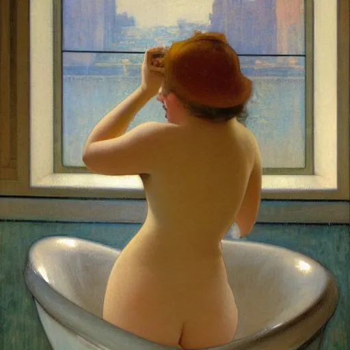 Image similar to dreamy oil painting of young woman in a large bathtub full of milk, smiling with her eyes closed as she washes herself, city lights from art deco window, hopper, mucha, irene patten, manara