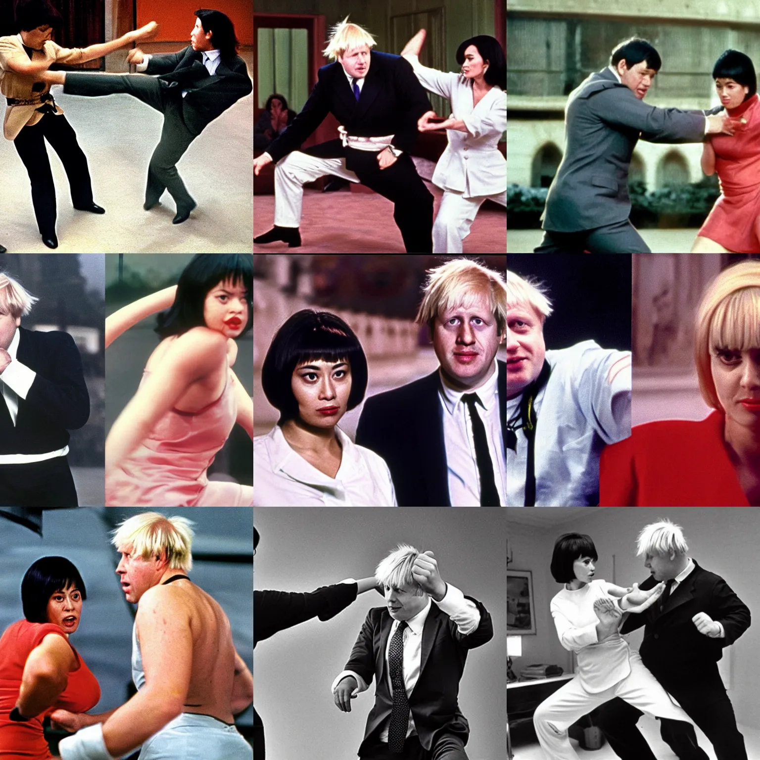 Prompt: Boris Johnson fighting Priti Patel, 60s Kung Fu film