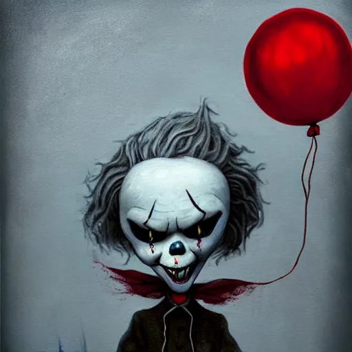 Image similar to grunge painting of creepy pasta with a wide smile and a red balloon by chris leib, loony toons style, pennywise style, corpse bride style, horror theme, detailed, elegant, intricate