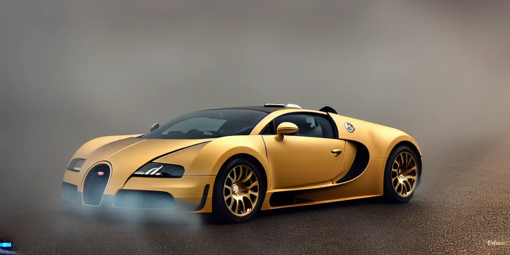 Image similar to parked Bugatti Veyron EB 16.4, environment reflected in the polished car, fog, rain, volumetric lighting, beautiful, golden hour, sharp focus, ultra detailed, cgsociety