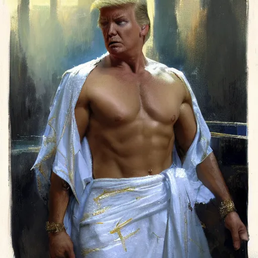 Prompt: detailed realistic cinematic wide shot of beautiful attractive muscular donald trump with gold chain wearing blue bath robe slim face symettrical face clean skin black eyes black robe smooth, sharp focus, ultra realistic, spring light, painting by gaston bussiere, craig mullins, j. c. leyendecker