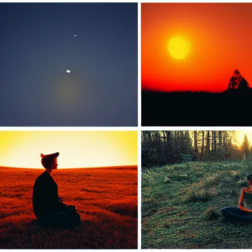 Image similar to photograph taken by a rolleiflex tlr, 1 2 0 mm, portrait, a fly agaric mushroom shaped like a human, meditating, sunset, shot by ryan mcginley, moon in sky, night time