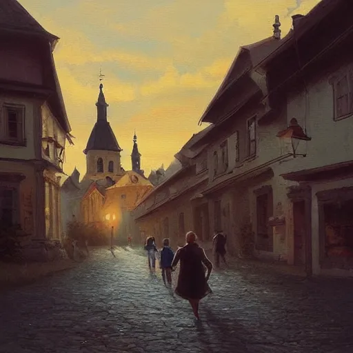 Image similar to a beautiful painting of banska stiavnica in summer with old houses and trees in sunset, sky, people walking on street, unreal engine, by greg rutkowski and james gurney, artstation