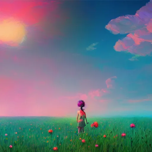 Image similar to large flower head, girl floating in a flower field, surreal photography, sunrise dramatic light, impressionist painting, colorful clouds, digital painting, artstation, simon stalenhag