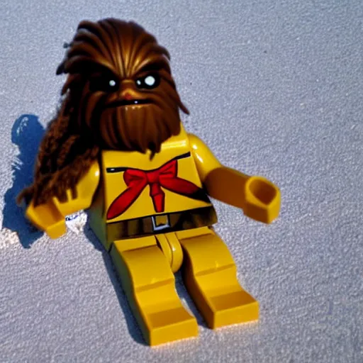 Prompt: Chewbacca on holiday, relaxing on the beach, minifigure, hyperrealistic, photos, Flickr