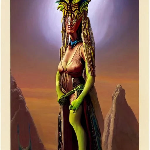 Image similar to seductive, clothed science fiction mutant byzantine noble with long neck and elaborate aztec headdress, by boris vallejo and greg rutkowski
