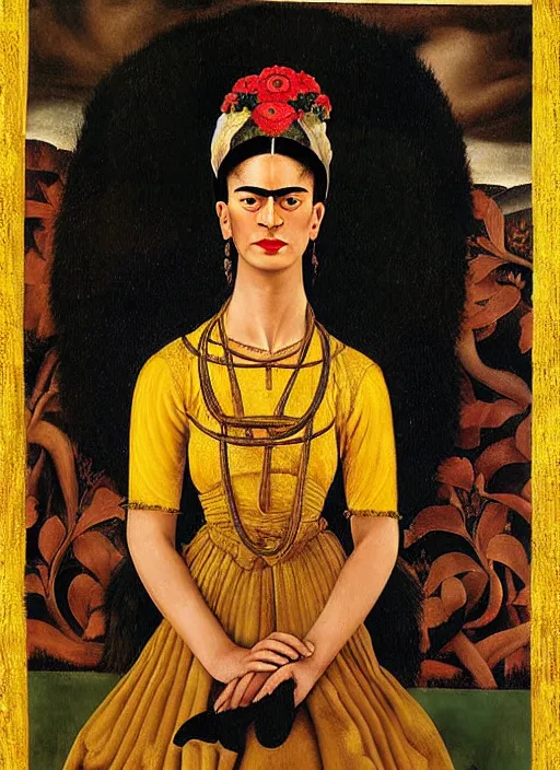 Prompt: portrait of young woman in renaissance dress and renaissance headdress, art by frida kahlo