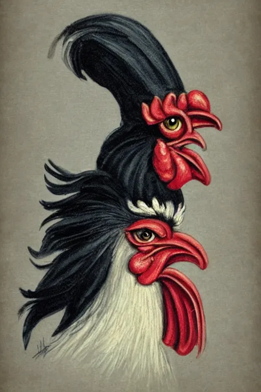 Prompt: portrait of a rooster, with top hat!!! and monocle!!!, lightrays