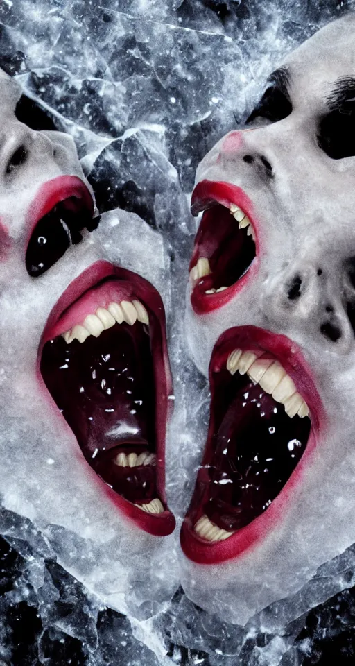 Image similar to up close shot of two vampire fangs, winter, dark scenery, dark lighting, cinematic, cold freezing nights, laser lights, crybernetic, top floor boss shit, destroy lonely, black floor, lavish, luxurious, marble walls, cinematic, hyper realism, high detail, octane render, 8 k