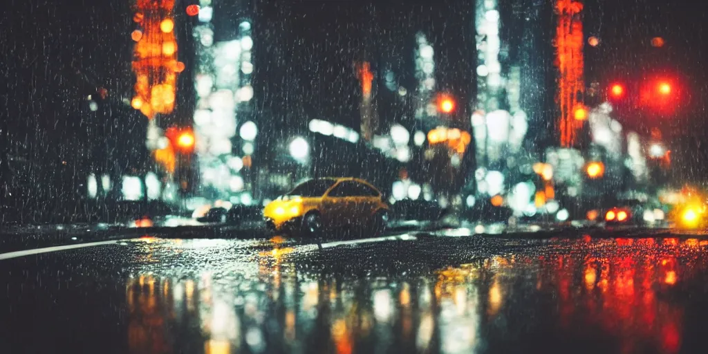 Image similar to a city street at night, raining, photograph, cars on the road, cyberpunk, sharp focus, intricate detail