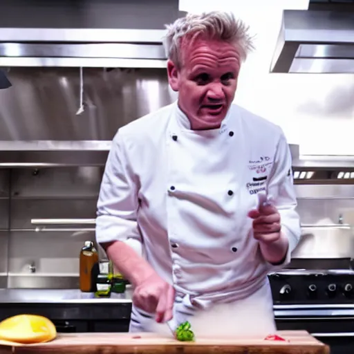 Image similar to hyper real Gordon Ramsey cooking a unicorn in kitchen 4k