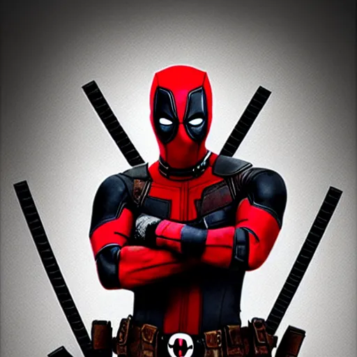 Prompt: Deadpool, doing a wacky expression, Poster, 8k, on a wall in a room, bad camrea