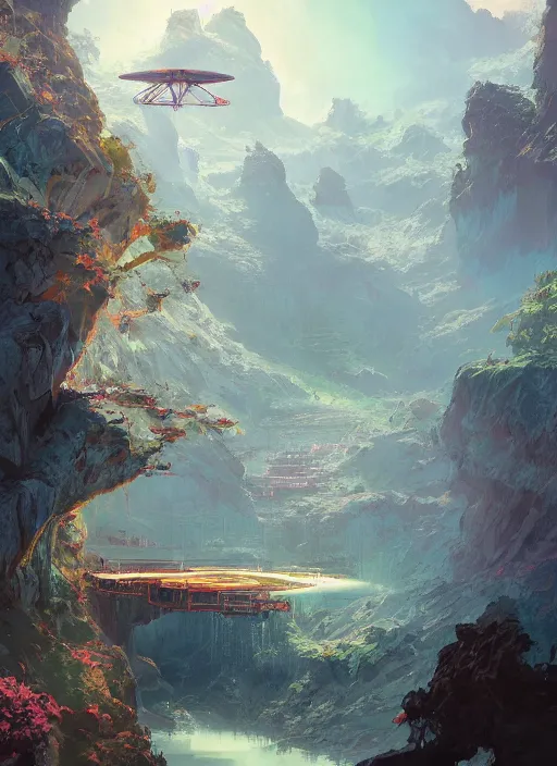 Image similar to A beautiful digital painting of a sci-fi landing platform, crystal lake, lovely valley by Stanley Artgerm Lau, Rossdraws, James Jean, gerald brom, Andrei Riabovitchev, Marc Simonetti, and Sakimichan, trending on artstation