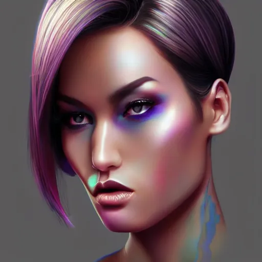 Prompt: electric woman, cute - fine - face, pretty face, oil slick hair, realistic shaded perfect face, extremely fine details, realistic shaded lighting, dynamic background, rob rey, artgerm