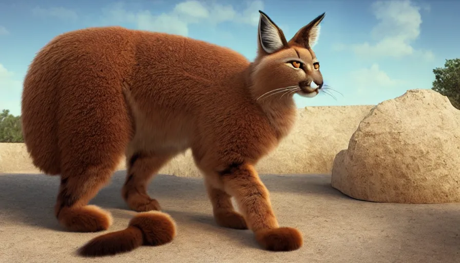 Image similar to wooden barrel on one side, fullbody photo of cute fluffy caracal in it, ancient greek city, sunny day, by ilya kuvshinov, rtx rendering, octane render 1 2 8 k, maya, extreme high intricate details by tom bagshaw, medium shot, close up shot, composition by sana takeda, lighting by greg rutkowski