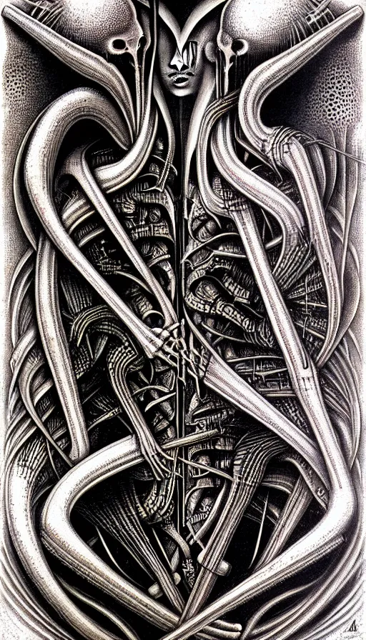 Image similar to the two complementary forces that make up all aspects and phenomena of life, by HR Giger